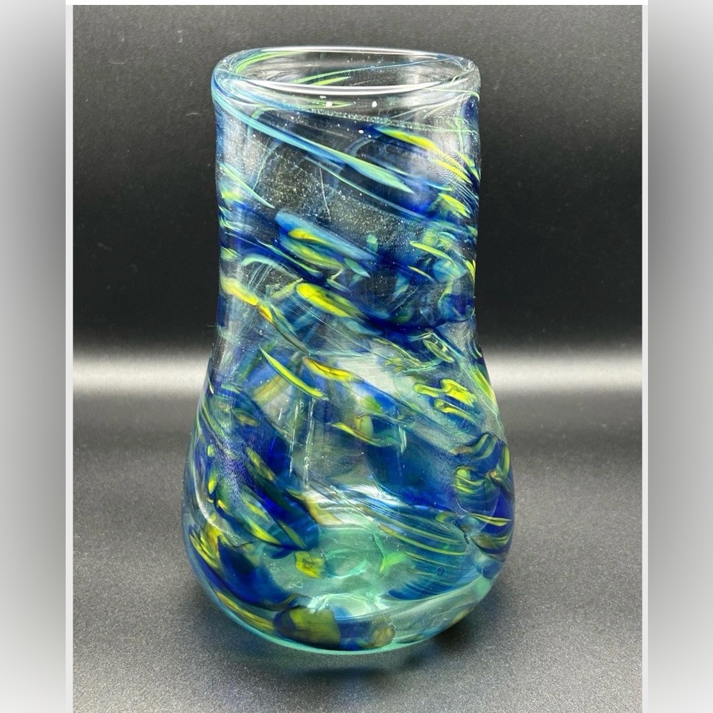 Handblown Blue & Yellow Swirl Glass Vase